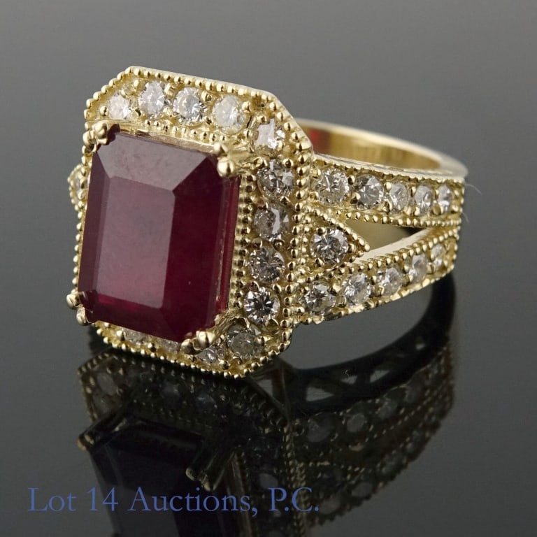 14k Y. Gold 5ct. Ruby & 1.5ct. t.w. Diamond Ring: 14k yellow gold ruby and diamond ring. Size 6.75. Per the American International Gemological Laboratories, Inc. (AIGL) January 6, 2020 appraisal, included: Natural Carundum 5.00 carat step-cut, very