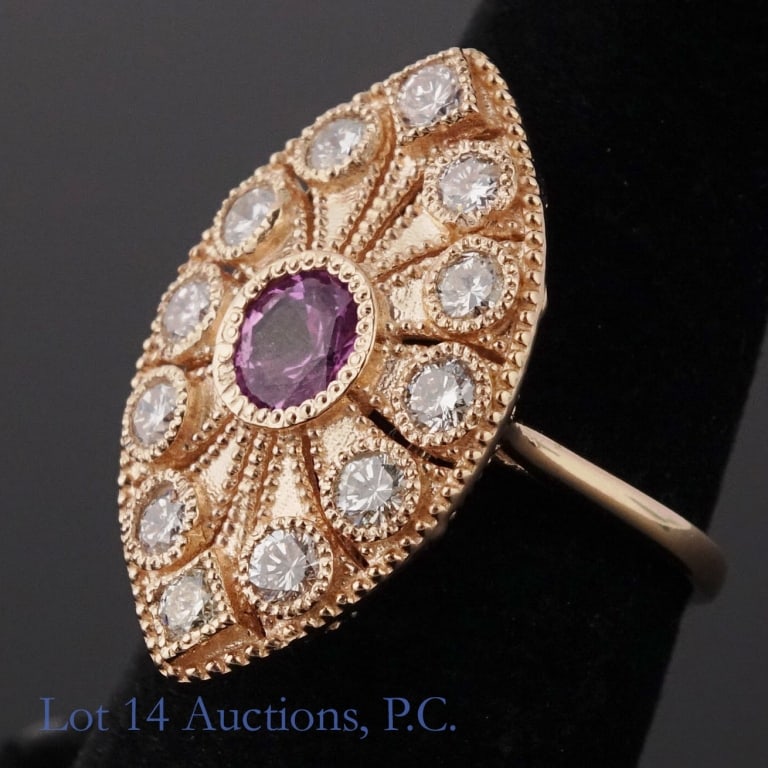 14k R. Gold 1.18ct. Pink Sapphire & Diamond Ring: 14k Rose gold pink sapphire and diamond ring. Size 6.75. Size 6.75. Per the American International Gemological Laboratories, Inc. (AIGL) February 4, 2021 appraisal, included: Natural Corundum round,