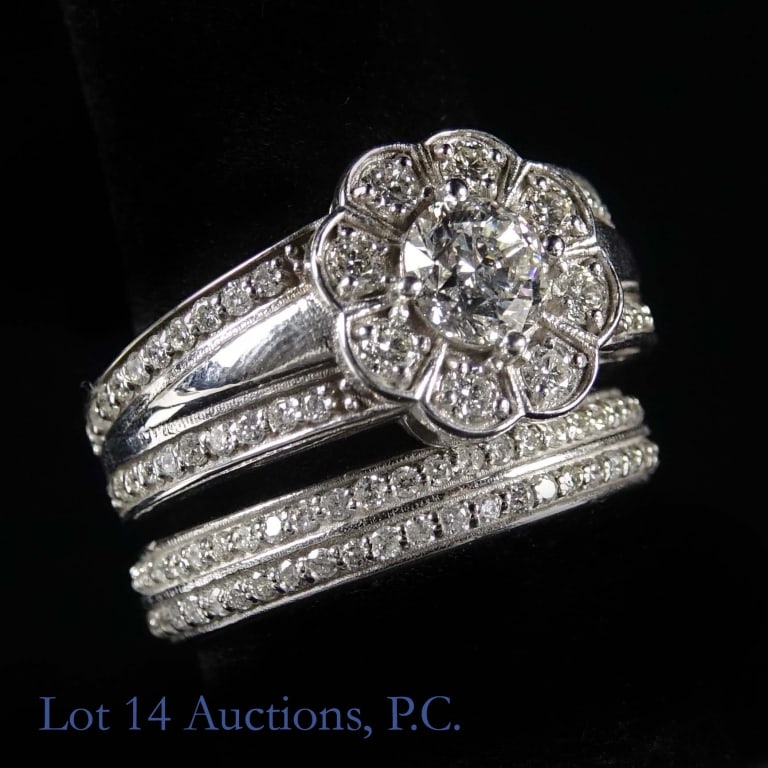 14k White Gold Diamond Bridal Ring Set w/ ID: Set of two size 6.5 classic bridal style ring set made with 14k white gold, decorated with diamonds (0.70 cttw center, 1.10 cttw side stones). Total weight of both rings is approximately 7.46g.