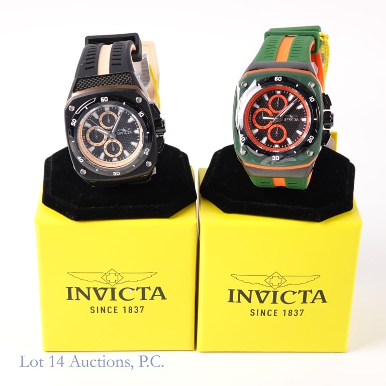 Two (2) Invicta Speedway Chrono Style Watches NIP: Two (2) Invicta Speedways three-subdial watches, New in Packaging. #46105 and 46107- Case 46mm , Stainless Steel, Band - Silicone. Movement: IM-Q-063. Water resistance - 50m. Bezel Material: