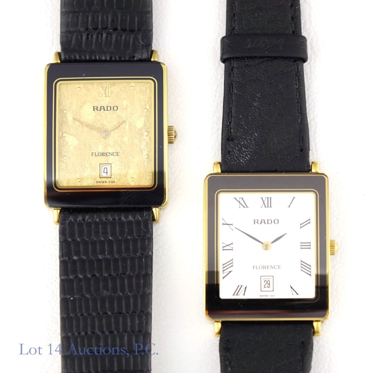 Rado Florence Square Case Wrist Watches (2): Rado Florence wrist watch. Black and gold tone 24 mm X 28 mm case. White dial with roman numerals and date display at 6 o'clock. Original Rao black leather strap with gold tone buckle. Watch needs