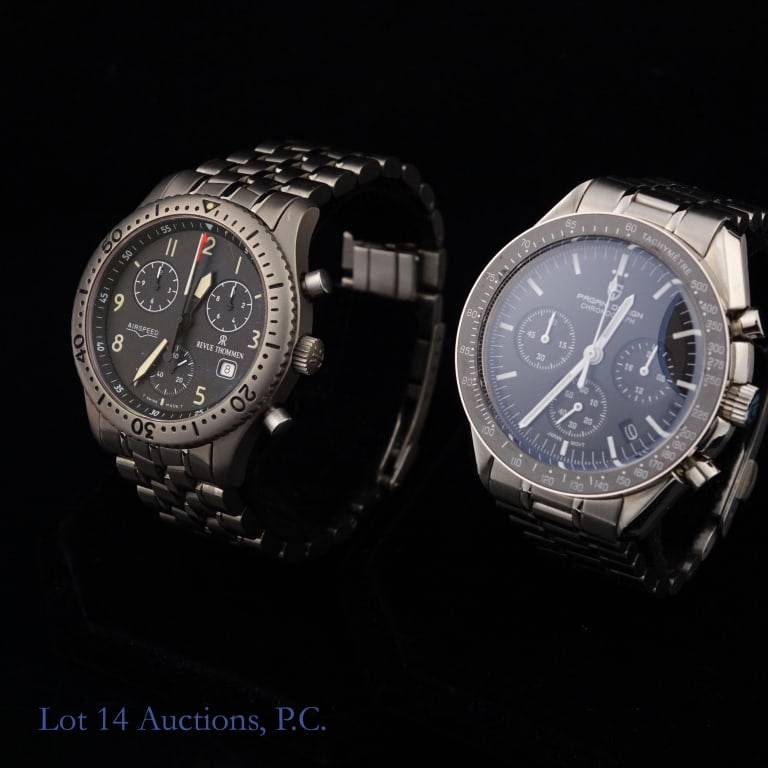 Revue Thommen & Pagani Design Chronograph Watches: Revue Thommen Airspeed chronograph wrist watch. Titanium 37.5 mm case with unidirectional bezel. Original titanium bracelet. Black dial with sub-dials at 2, 6 and 10 o'clock, and date window at 4