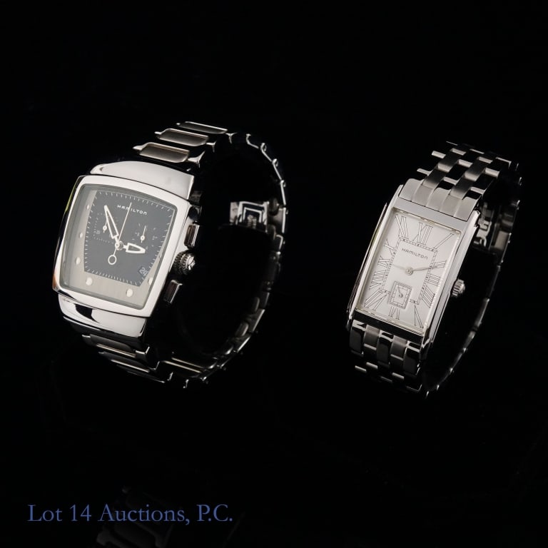 Hamilton Everest Chronograph & Ardmore Watches: Hamilton Everest chronograph wrist watch. Asymmetrical 35 mm wide stainless steel case and bracelet. Black and silver tone dial with two chrono sub-dials and date window at 4 o'clock. Watch is
