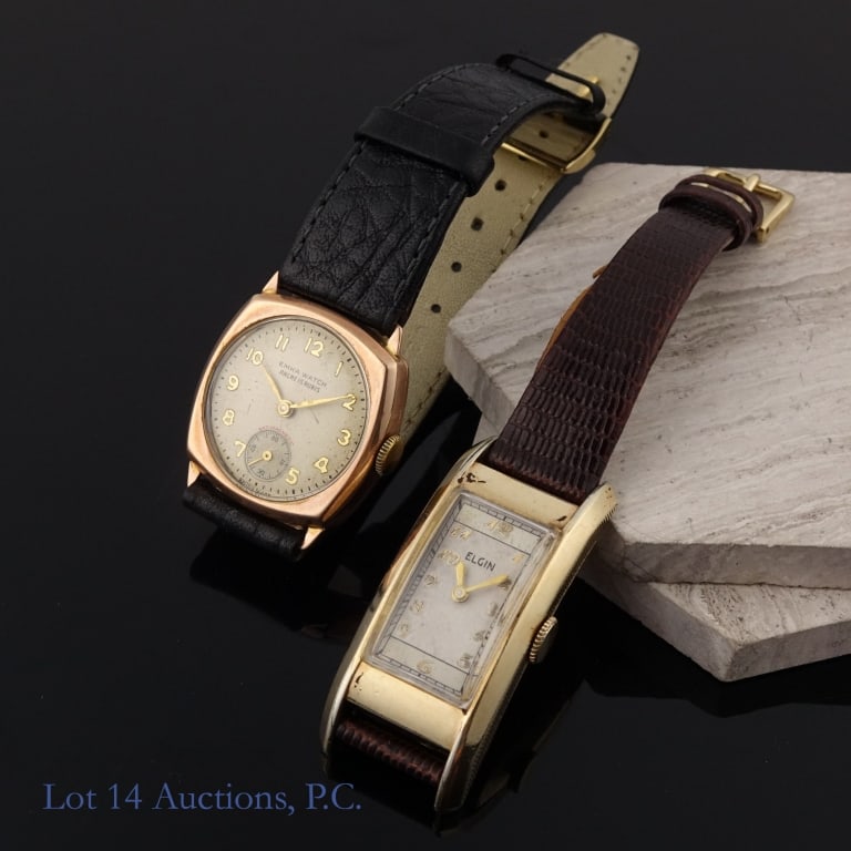 Emka 9k Y. Gold & Elgin 10k GF Curvex Watches (2): Two vintage watches. 9k yellow gold Emka watch, sub-second dial. Marked .375 (9k gold) and other hallmarks - Please see photos for details and condition. 27.5mm case width, 26.5mm case height, 30mm