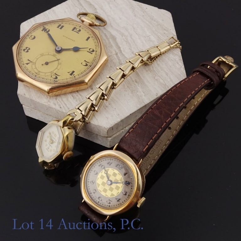 Rubaiyat Pocket Watch, Allerton & Swiss Watches, 3: Three (3) watches. Rubaiyat 14k gold filled pocket watch. Not running. 17 jewels, inside back cover S/N 2804531, W. C. Co. 9k Y. Gold Swiss Made watch, running. Marked V.W.Co. 25mm diameter case.