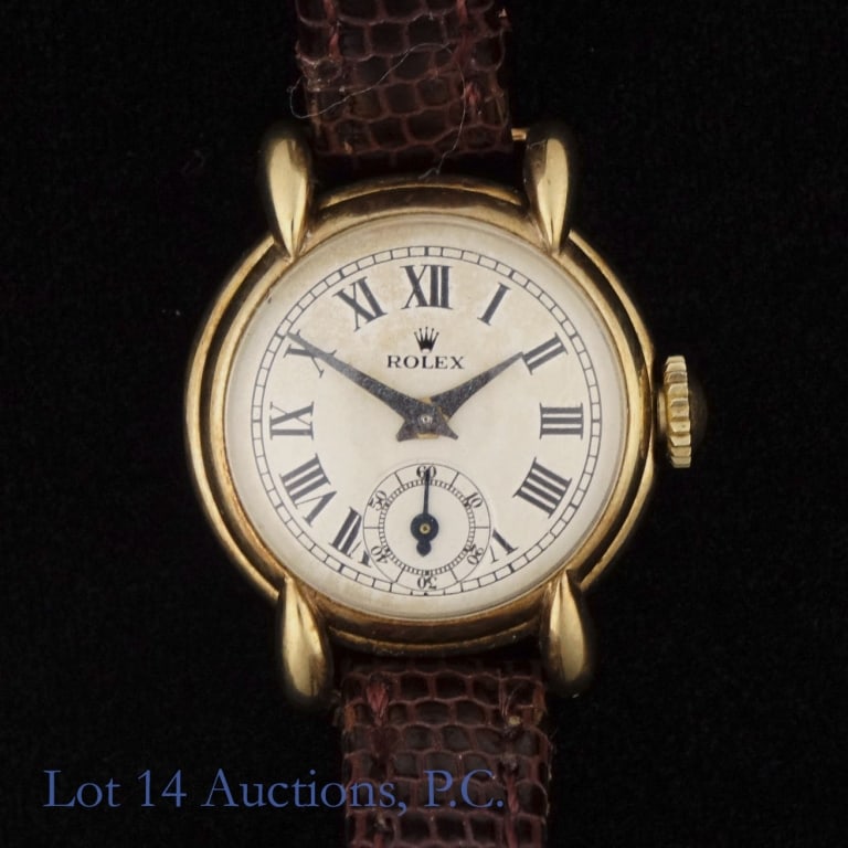 9k Y Gold Ladies' Rolex Watch: 9k yellow gold Ladies' Rolex watch with original leather strap and Rolex buckle. 17 jewel Precision superbalance movement. Caseback marked: 3849;140. 21mm case diameter. Lot 14 guarantees the