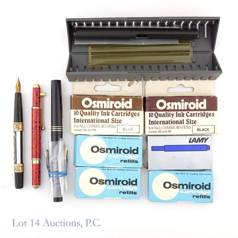 Lamy Osmiroid Stilisa +1 Fountain Pens, Cartridges: Lamy Safari Charcoal in original plastic box, clip missing, with 4 blue Lamy cartridges *** Osmiroid calligraphy pen with 4 additional nibs and 5 packs of Osmiroid ink cartridges *** Stilisa pocket fo