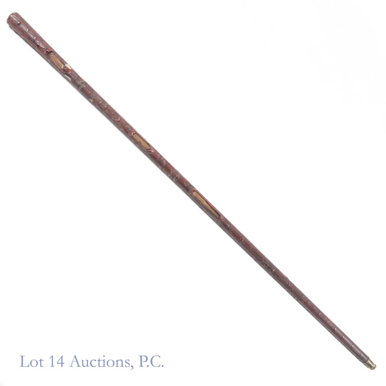 Japanese Lacquer Sword Cane, C. 1900: Japanese lacquer sword cane, C. 1900, red lacquer with 16.25" blade and brass tip, some losses and crack running 11" from throat, overall length, 35.5".