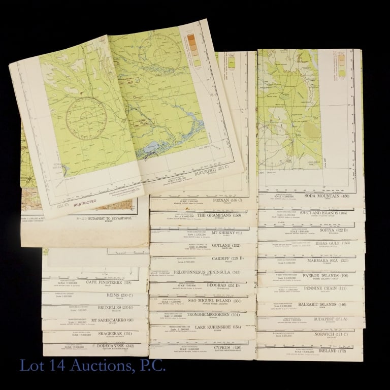 WWII AAF Aeronautical Chart Grouping: WWII AAF Aeronautical Chart Grouping, thirty-one maps comprising Soda Mountain (Libya), Cyprus, Shetland Islands, Sofiya (Bulgaria), Rigas Gulf (Estonia-Lativia), Ireland, Norwich, Bucuresti (Romania)