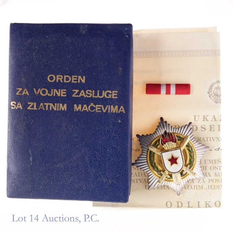 Yugoslavian Order of Military Merit Medal, Cert.: Yugoslavian Order of Military Merit Medal in original presentation box with ribbon and original 1990 Certificate. Medal features two crossed swords behind a central shield with a red enamel star again