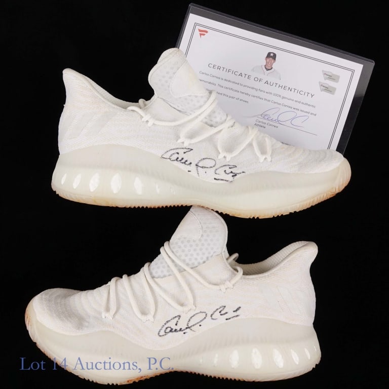 Carlos Correa Signed Game Issued Shoes (Fanatics): Carlos Correa game issued and signed white Adidas baseball shoes. Fanatics COA #AA0030523 and #AA0030524.