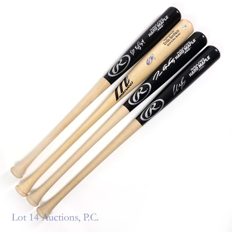 Collection Of Signed Bats With COA's: Four different full size bats all with COA's. Rawlings Hard Maple bat signed by Eloy Jimenez with a sticker from MLB (cert number VT070799) *** Marucci bat signed by Emilio Bonofacio with a sticker