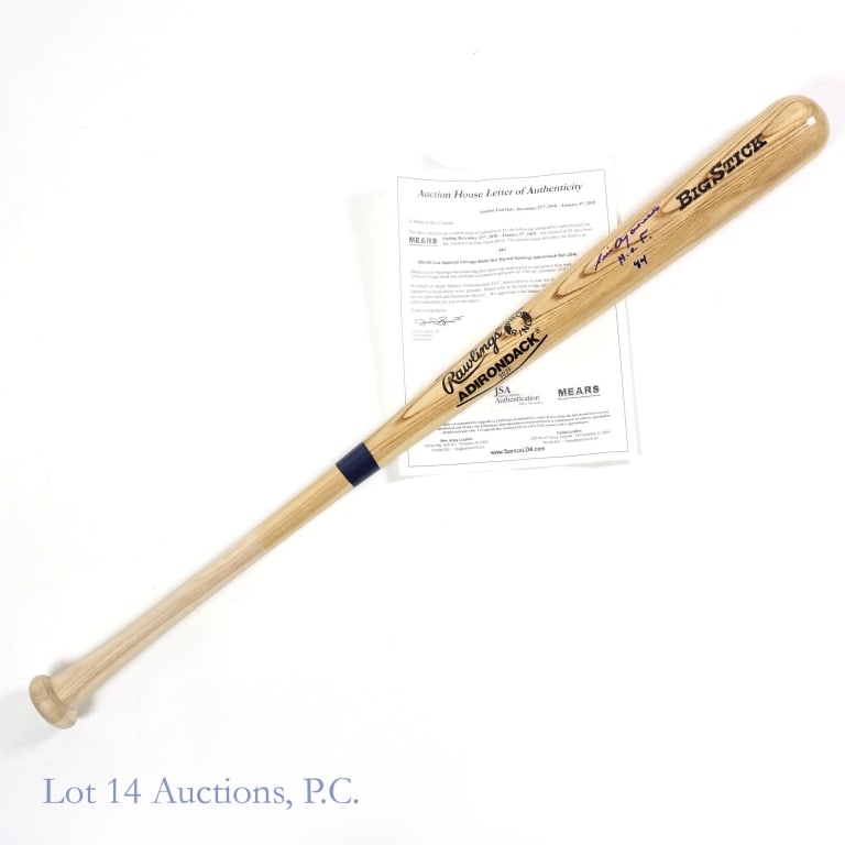 Luis Aparicio Signed Bat With JSA AHLOA: Rawlings Big Stick bat signed by Luis Aparicio with a blue Sharpie type marker. Aparicio also added the inscription "HOF 84" to his signature. This bat does have a remnant of a retail price sticker on