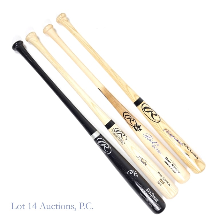 Cubs Signed Bats Williams Wisdom Soler Fowler (4): Four full size baseball bats, each signed by a former Cubs player. The highlight of this collection is a Rawlings Pro Style bat signed by Billy Williams. Additional bats in this collection include a R