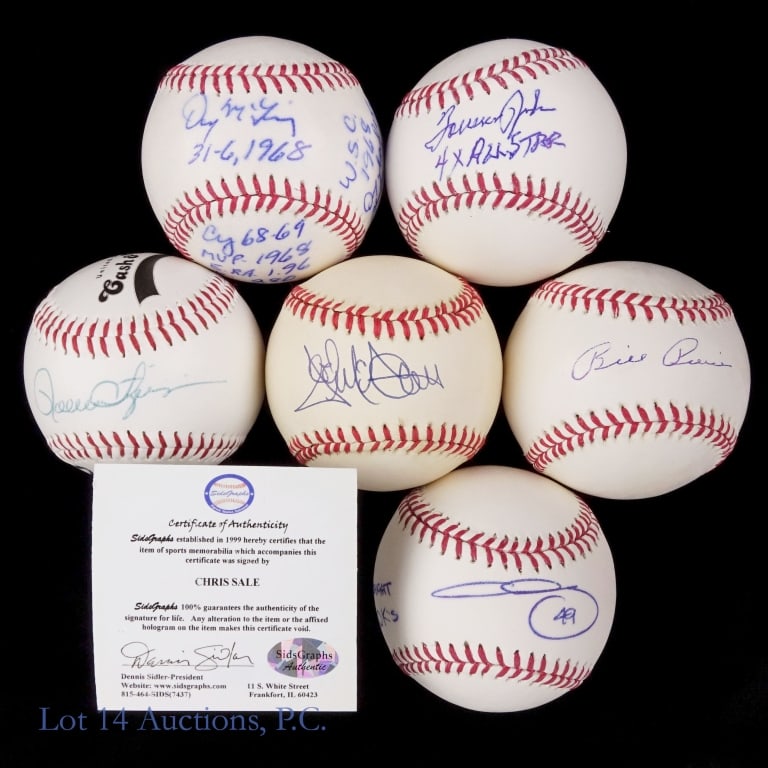 Signed Baseballs All Star Pitchers (6): Six assorted baseballs signed by former Major League All-Star pitchers. Players included here are as follow: OML Selig baseball signed by Chris Sale inscribed "8 Straight with 10 K's (the signature an