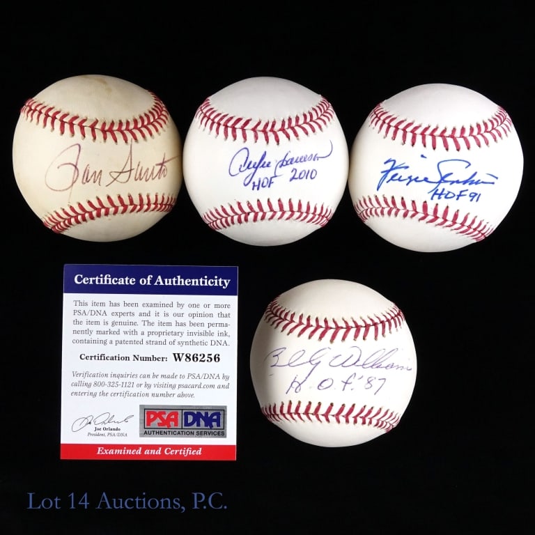 Cubs Santo Williams Jenkins Dawson Sgd. Baseballs: Four single signed baseballs each containing a signature from a former Chicago Cubs player now enshrined in the HOF. Players in this collection are as follow: OML Selig signed by Billy Williams inscri