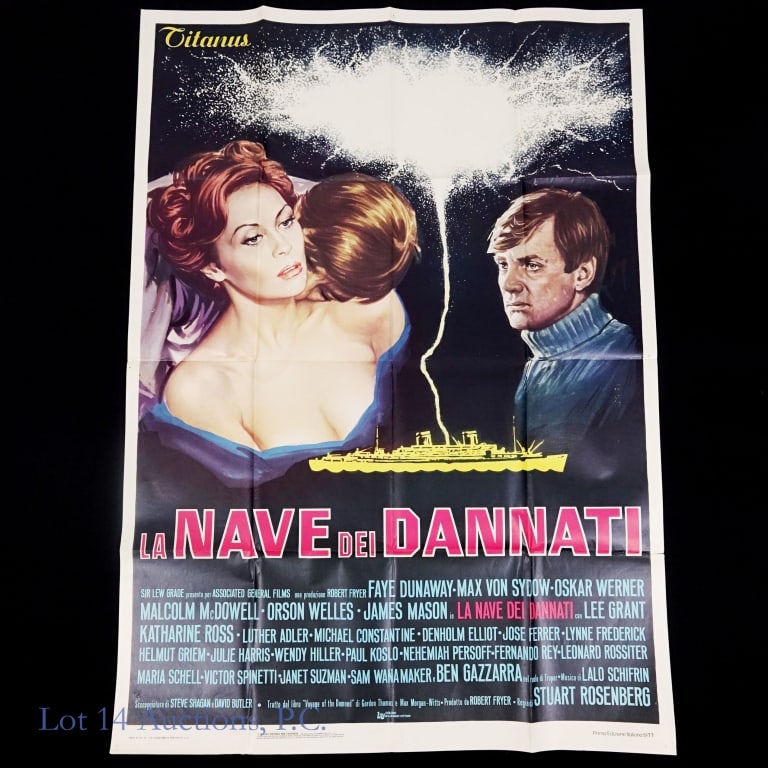 Voyage of the Damned, 1977 Movie Poster in Italian: Voyage of the Damned (1977) Movie Poster in Italian, starring Faye Dunaway, Orson Welles, Max Von Sydow, Malcolm McDowell, Lee Grant, and James Mason, 56" x 39", with fold creases and tack holes in