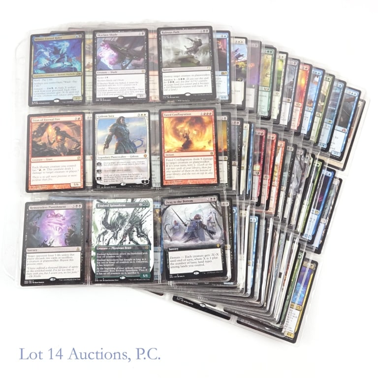Magic The Gathering Cards, All Mythic & Rare (135): Magic The Gathering Cards, All Mythic and Rare (135 Cards Total). Features (15) pages of cards that are exclusively Mythic (orange-red / bronze) & Rare (gold). Also features some Legendary Creatures.