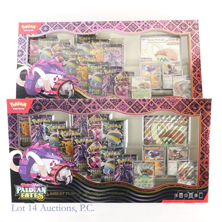 Pokemon Paldean Fates GT & IT ex PC (2): Pokemon Paldean Fates GT & IT ex PC (2). All items Factory Sealed and Authentic. Two (2) Pokemon Scarlet & Violet Paldean Fates Great Tusk & Iron Threads ex Premium Collections in original case. Each 