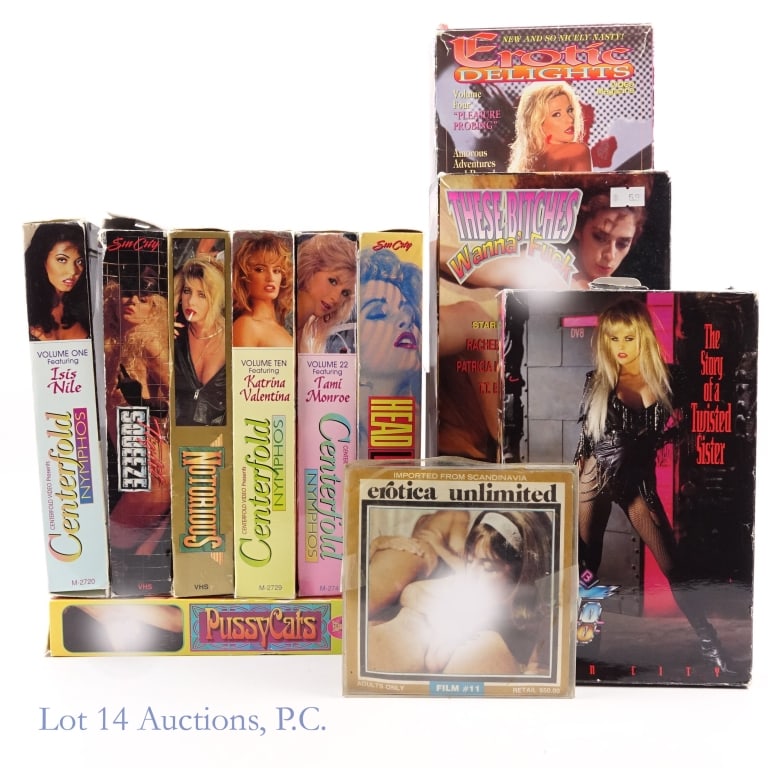 XXX Large Box and Film Pornography (11): XXX Large Box and Film Pornography (11). ADULT ONLY. MATURE CONTENT. 18 AND OVER. Collection of large box VHS and one Erotica Unlimited film reel of pornographic movies. Sin City, Centerfold Video and