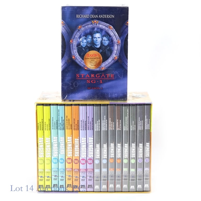 Stargate SG 1 & The Avengers Mega Set DVDs Sealed: Sealed Stargate SG1 Season 1 5 DVD set *** Sealed The Avengers The Complete Emma Peel Mega Set 16 DVD set. One small tear in a plastic wrapper.