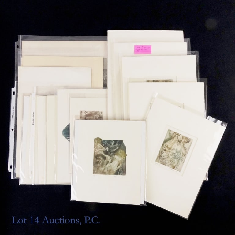 Art Print Collection (15): Collection of 15 (fifteen) art prints. Various sizes. All black & white with a few that appear to be tinted. Several depict nudes or erotic poses. Some are marked "E/A" which we believe indicates an "