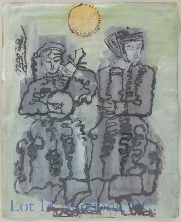 Traditional Musicians Painting by Nguyen tu Nghiem: A gouache or lacquer painting by renowned Vietnamese artist Nguyen tu Nghiem (1978-2016) depicting two traditional Viet musicians. Painting measures approximately 11.5 x 9.5", frame measures