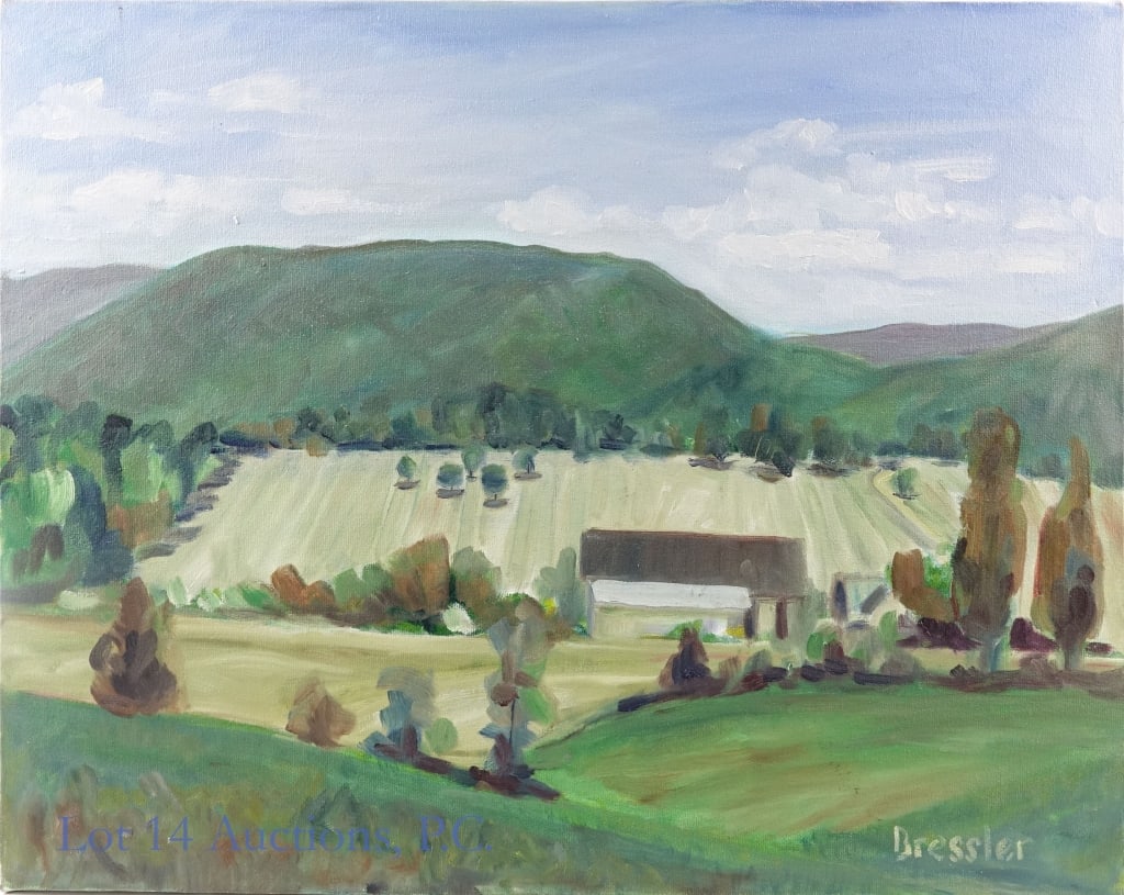 Appalachian Acrylic Painting Signed Bressler: Unframed, mid sized acrylic on canvas painting signed Bressler in the lower right corner. Depicts a farm landscape. Painting measures approximately 20 x 15.75". Written on the back of the wooden