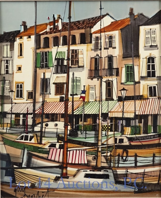 Guy Nochet Harbor Painting Signed: Oil on board painting by French artist Michel Guy Nochet depicting boats in a harbor in front of a row of buildings. A French flag hangs from a pole in the center of the image. The artist's signature