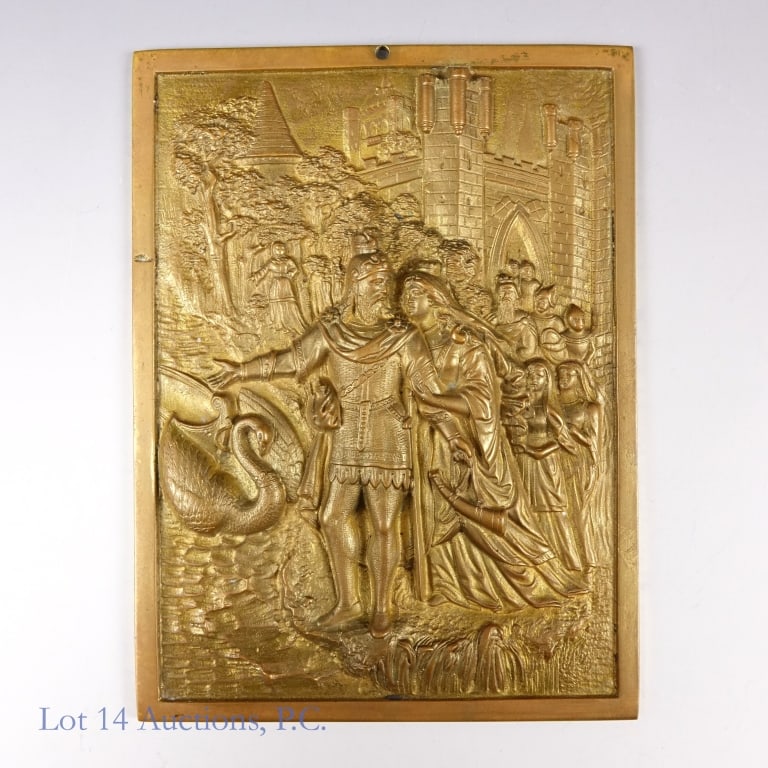Swan Knight Lohengrin Patinated Metal Plaque: Vintage relief plaque made with patinated metal, depicting the German Arthurian legend of Lohengrin, the Swan Knight, who came to the rescue of a woman via a boat pulled by swans. Both the woman and