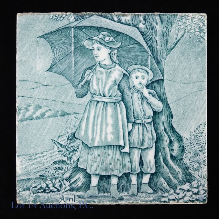 1879 Wedgwood "April" Ceramic Tile: Blue and white transfer tile by Wedgwood. The tile is one of the 12 month "Months of the Year" series issued featuring the artwork of Kate Greenaway. Good condition for its age -- some very small
