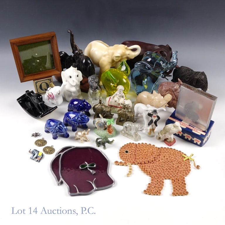 A Century of Elephants Collection: 35+ piece collection of various elephant figurines, statues and decor. Three figurines and one cookie cutter were created to promote the GOP. Materials include porcelain, glass, leather, paper,