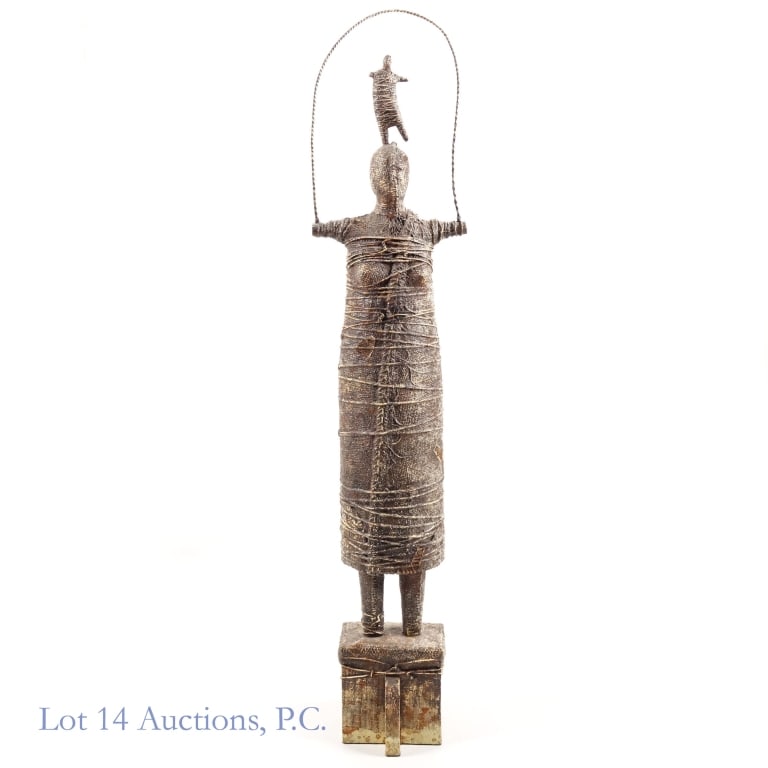 Rand Clinton Smith "Recapturing Youth" Statue: Statue made from wood, tar, and burlap on a matching wood base, dated 1999. Comes in two pieces -- top is removable from base. Weighs approximately 5lbs 6.6oz. Dimensions are approximately 8.25 x 6 x