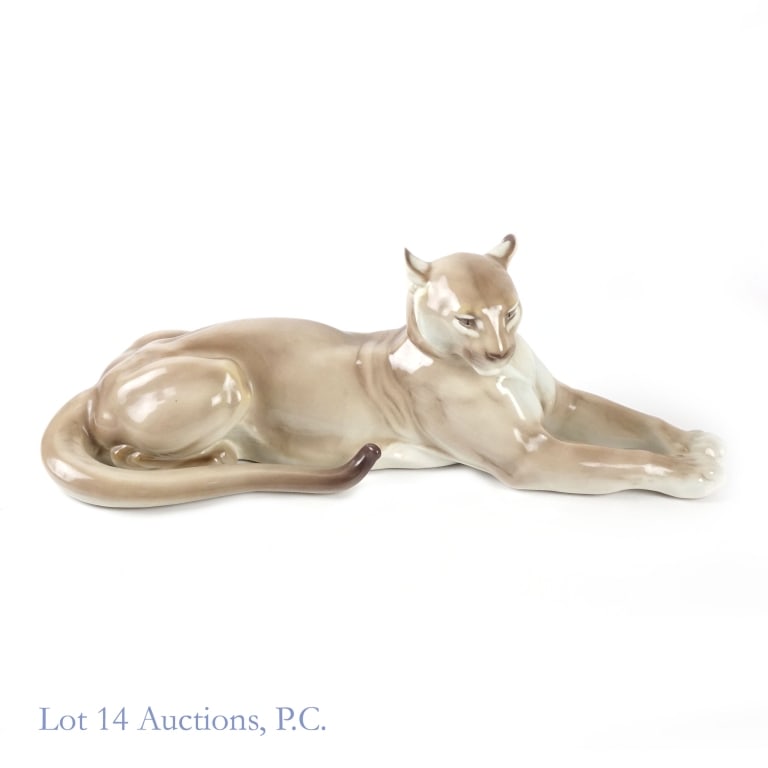 Nymphenburg Porcelain Puma, Mountain Lion Antique: Early 20th century, Germany. Nymphenburg puma or mountain lion. No damage, cracks or repairs. Approximately 16 inches long, 5.5 inches wide and 5.25 inches tall. Bottom ius stamped "560".