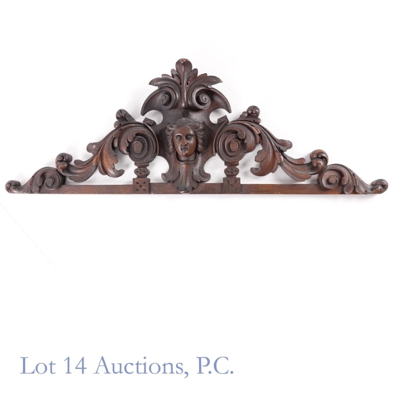 Carved Walnut Victorian Figural Cornice: LOCAL PICKUP OR THIRD PARTY SHIPPING ONLY. Victorian era cornice carved from what appears to be walnut. Very good condition for its age, few imperfections. Measures approximately 32 x 11.5 x 3.25".