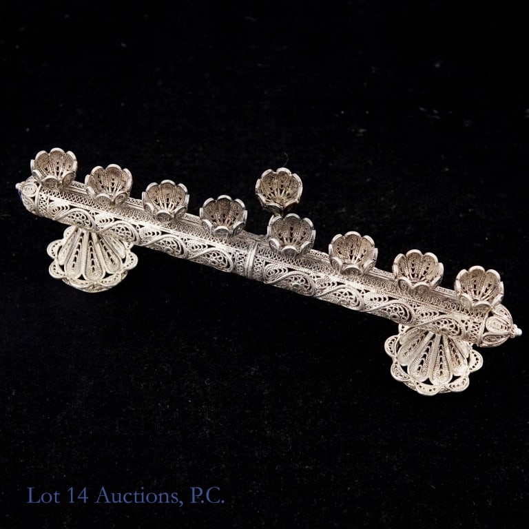 Sterling Silver Filigree Menorah Hanukkiah Judaica: Sterling Silver handmade Hanukkiah / Chanukah Menorah. Approximately 5.4" long, 1.35" tall. 46.8 grams (1.5 ounces troy).