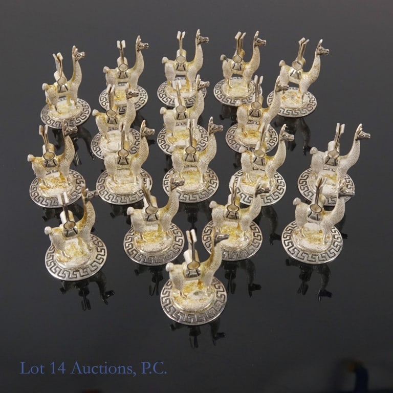 18 Llama Sterling Silver Place Card Holders: Eighteen (18) sterling silver (Marked 925) Llama shaped place card holders. Total weight 188 grams (6 troy ounces).