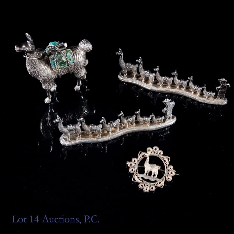 Peruvian Sterling Silver Llama Figurines, Brooch: Sterling silver Peruvian Llama figurine packing turquoise, wearing a bell. Also two sterling silver llama herd figurines with herder. One sterling silver Llama brooch. Total weight of all four