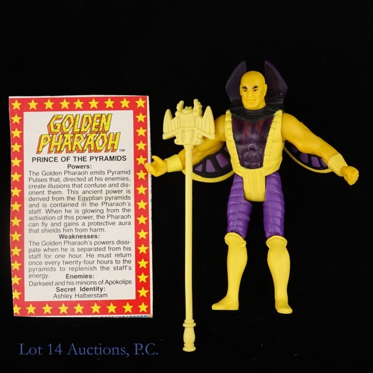 Kenner Super Powers Golden Pharaoh Figure W Staff: 1980s Kenner Super Powers Golden Pharaoh figure. Original staff included. All joints and super power work. Very good vintage condition. Cutout file card included. See photos for details.