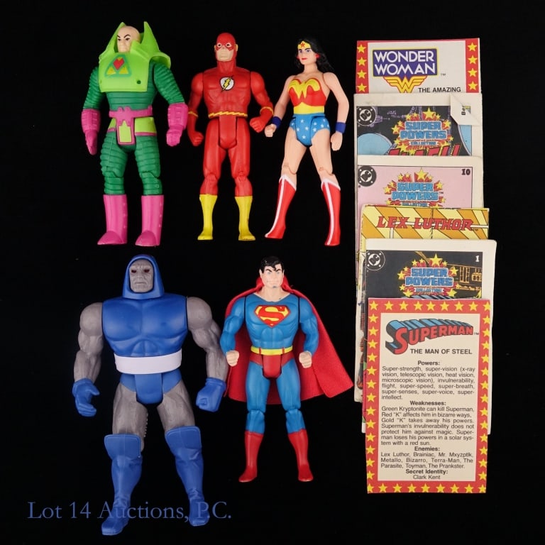 Kenner Super Powers Figures (5): Five (5) 1980s Kenner Super Powers figures - Superman (cutout file card and comic booklet included), Lex Luthor (cutout file card and comic booklet included), Flash (comic booklet included), Wonder Wo