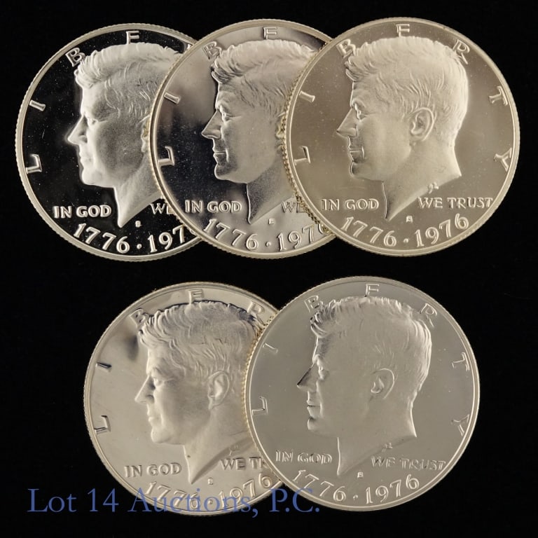 1976-S US Silver Prf Kennedy 50c *CAMEO Proof, 5: Five (5) 1976-S silver proof Kennedy half dollars (San Francisco Mint). *Per consigner, all pulled from original sets, chosen for superior quality, and in frosted cameo proof condition. Metal is