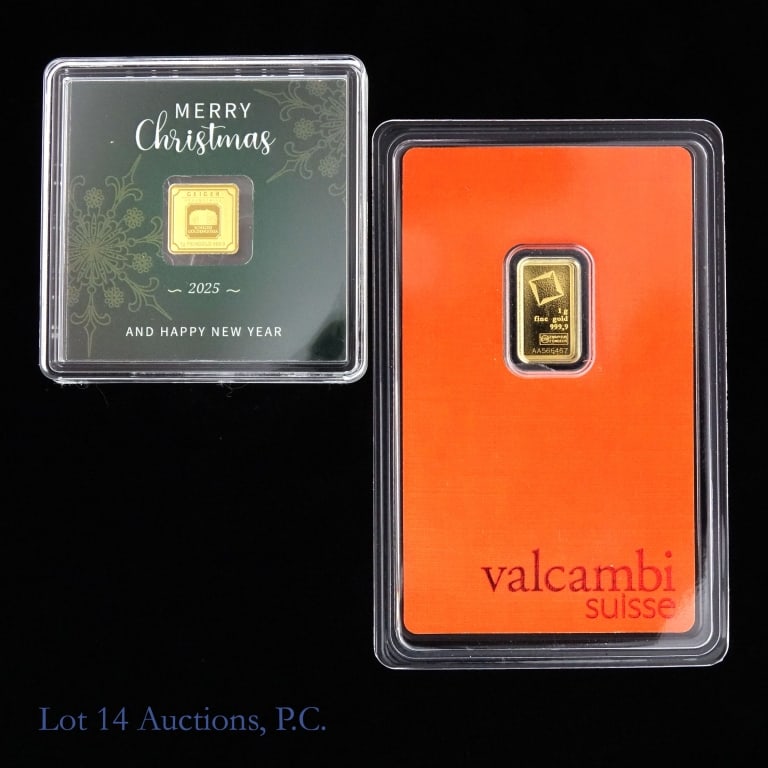 German & Swiss 99% Gold 2 Grams (AGW 0.06 Oz) COA: Two (2) world 99.99%-gold ingots weighing 2 grams (AGW 0.0643 ozt.) with COA as follows: ---2025 German 99.99% gold 1 gram ingot; and ---(N/D) Valcambi Suisse 99.99% gold 1 gram ingot. *** Lot 14 Auct