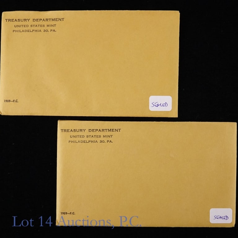 1959 (P) US Silver Proof Sets IN SEALED OGP, 2: 1959 (P) United States Mint 5-coin 90%-silver proof sets (Philadelphia Mint) IN SEALED OGP. Per consigner, perhaps there is a cameo or two in there?? The dime, quarter and half dollar coin's metal is 