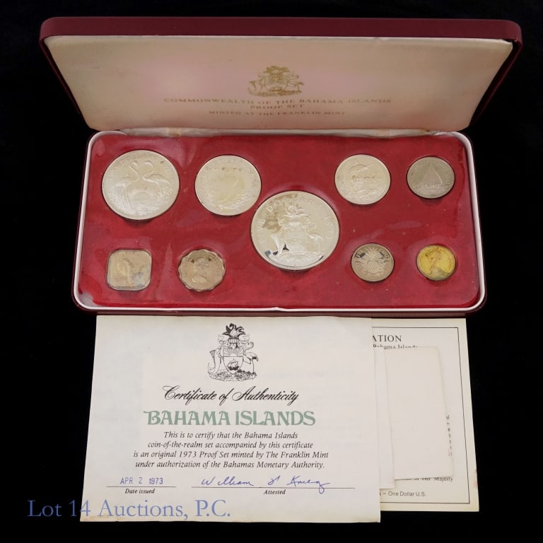 1973 Bahama Silv Prf 9-Coin Set (ASW 2.9 Ozt) OGP: 1973-FM Bahamas silver proof 9-coin set (the Franklin Mint) in OGP with COA. Four of nine coins are silver: (sterling silver) ---$5 and ---$2 (2); and (80%-silver) ---$1 and ---50c (2). ASW is 2.8721 