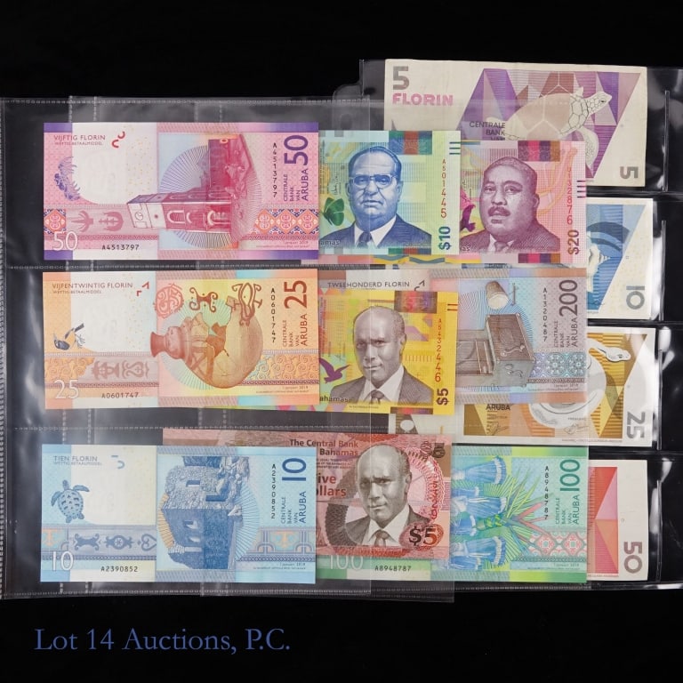 Aruba & Bahamas Bank Notes (CU), 13: Thirteen (13) Aruba and Bahamas bank notes with USD value +$250, per consigner, in crisp uncirculated condition with note dates in parentheses) as follows: ---Aruba florin bank notes: --$5 (1990), --$