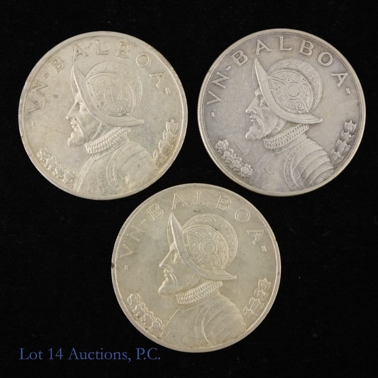 1931, 1934 & 1947 Panama 90%-Silver 1 Balboa (3): 1931 (P), 1934 (S) and 1947 (P) Republic of Panama silver un Balboa (Philadelphia and San Francisco Mints). Metal is 90% silver, weighs 26.73 grams, and diameter 38.1 mm. Silver content confirmed on L