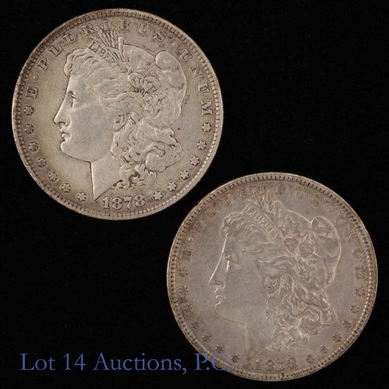 1878 7TF US Silv Morgan $1 (1st Year of Issue), 2: Two (2) 1878 United States silver Morgan dollars (Philadelphia Mint) 7 tail feathers reverse of 1878 variety represents the final design of the year. Metal is 90% silver with estimated lot ASW of 1.55