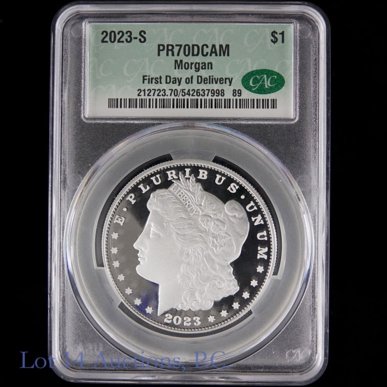 2023-S Silver Morgan $1 (CAC PR70 DCAM): 2023-S United States silver proof Morgan bullion dollar coin (San Francisco Mint). CAC graded PR 70 DCAM first day of delivery. Metal is 99.9% silver and weighs 26.749 grams. Mintage is 365,260 with C