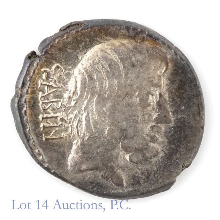(89 BCE) Roman King Tatius Silver Denarius (*VF): (89 BCE) Roman King Tatius silver denarius (L. Titurius Sabinus Mint) in Distinctive Coins of Downers Grove Ill holder. *Per consigner, struck before the birth of Christ and has detail in VF condition