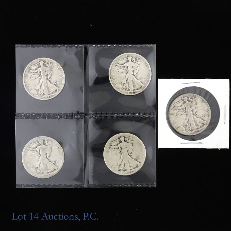 1917 - 1935 US 90%-Silver W/L 50c (5): Five (5) United States 90%-silver walking liberty half dollars (Philadelphia, San Francisco Mints). Estimated ASW is 1.7 troy ounces. Details as follows: ---1917-S (rev mm); ---1918 (P); ---1927-s; --